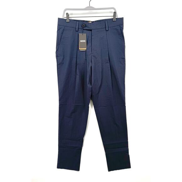 NWT Hugo Boss Men's Dark Blue Penn Pleat High Rise Trouser Dress Pants Size 34R - Picture 1 of 9